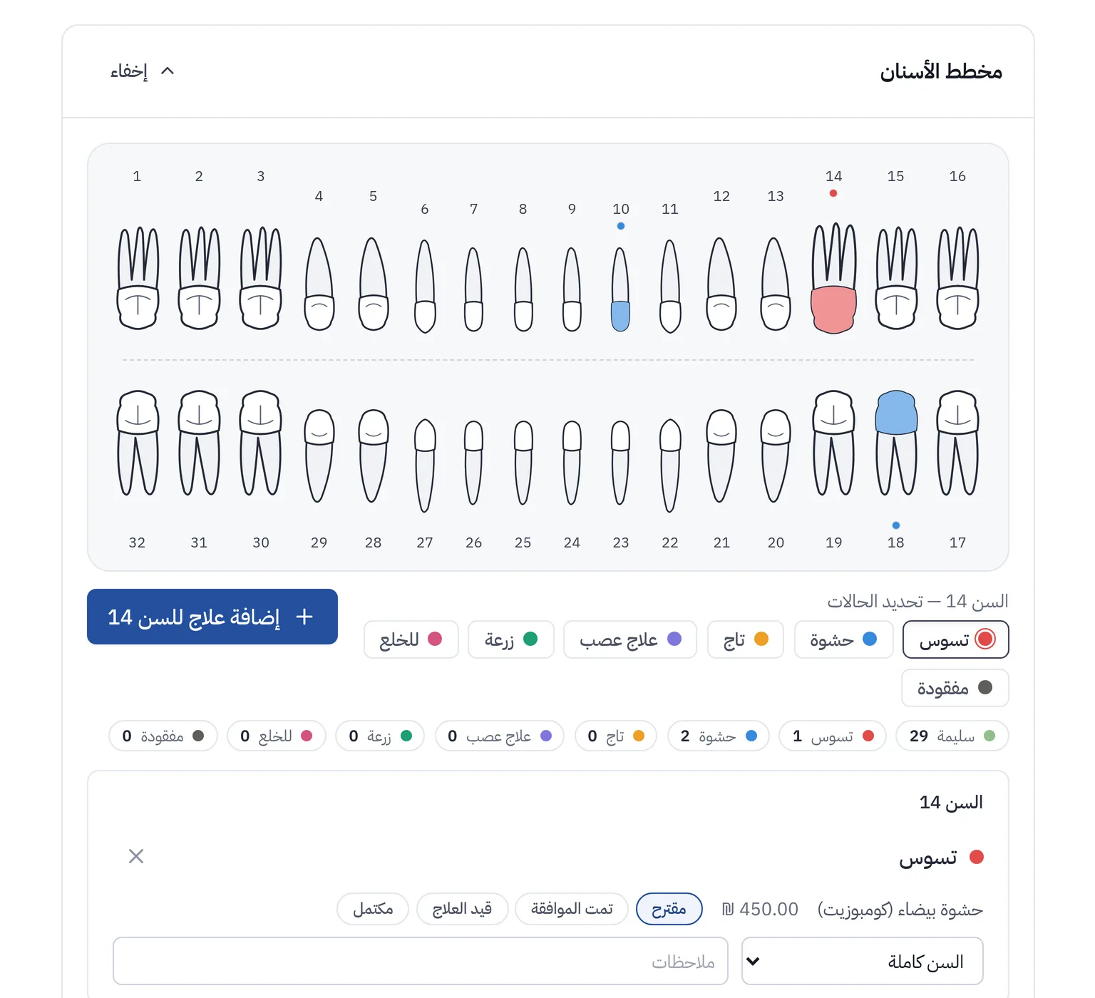 شاشة المريض في ClinicLine مع مخطط الأسنان وعلاج بانتظار الموافقة