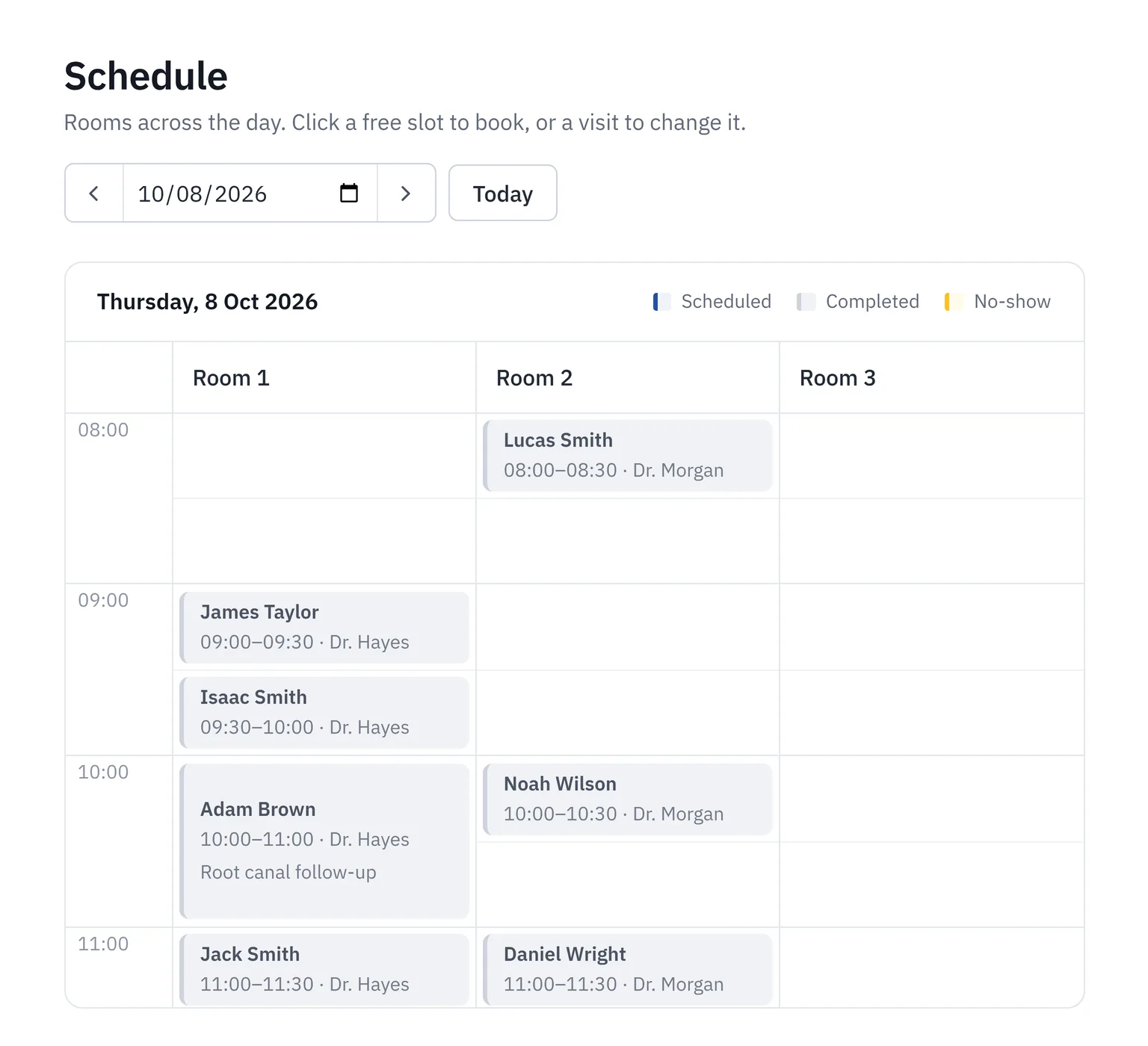 ClinicLine day schedule with rooms side by side